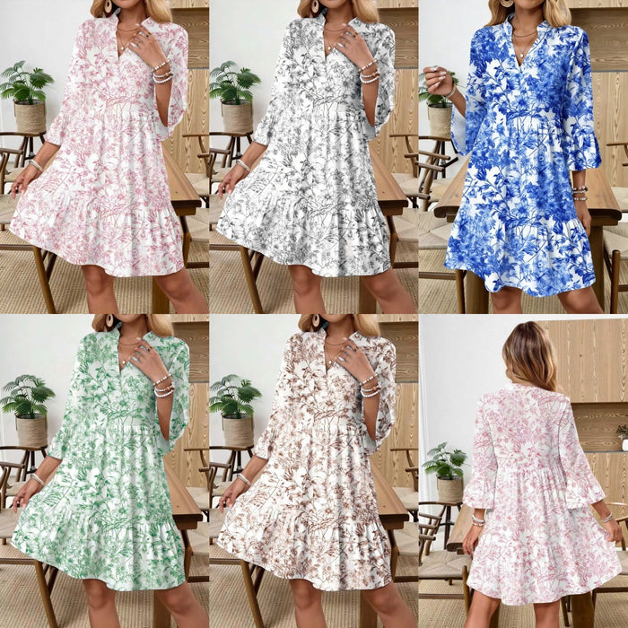 Womens V-neck Floral-print Flared-sleeve Dress by Ricaloux