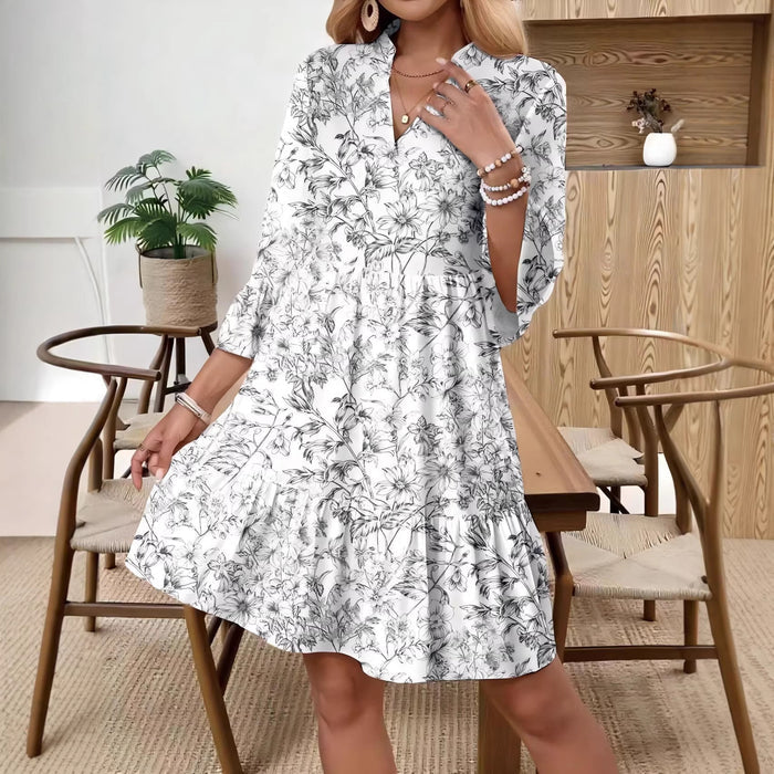 Womens V-neck Floral-print Flared-sleeve Dress by Ricaloux