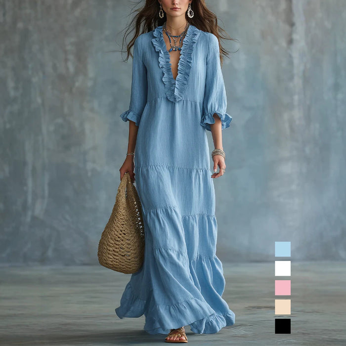 Womens V-neck Layered Casual Flowing Maxi Dress With Ruffled Hem – Premium 0 | RICALOUX