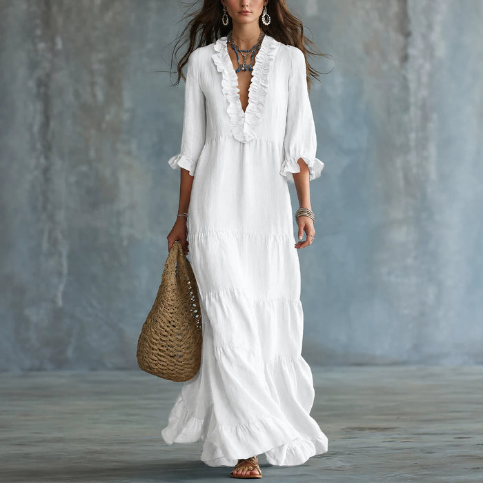 Womens V-neck Layered Casual Flowing Maxi Dress With Ruffled Hem – Premium 0 | RICALOUX