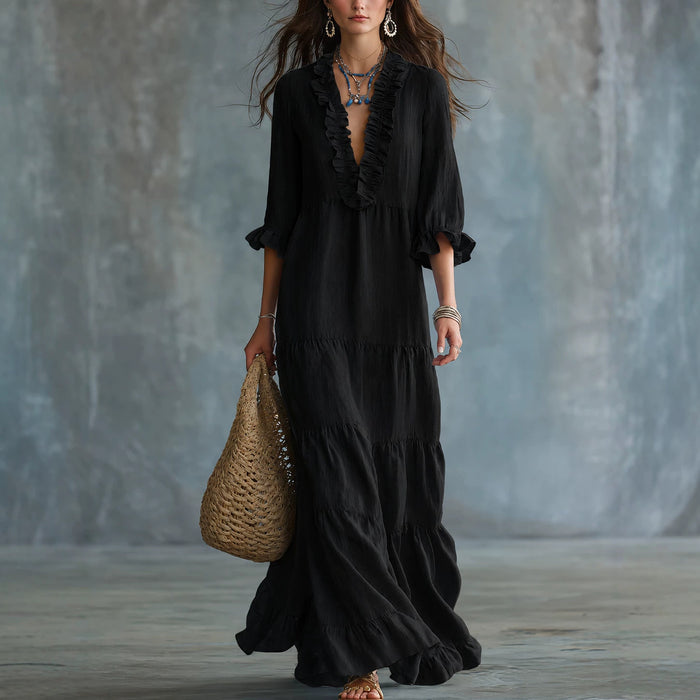 Womens V-neck Layered Casual Flowing Maxi Dress With Ruffled Hem – Premium 0 | RICALOUX