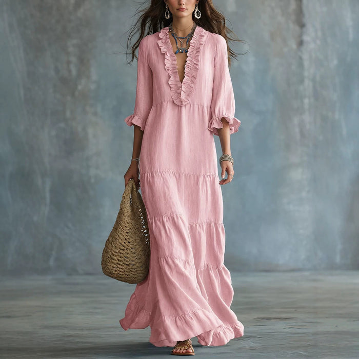 Womens V-neck Layered Casual Flowing Maxi Dress With Ruffled Hem – Premium 0 | RICALOUX