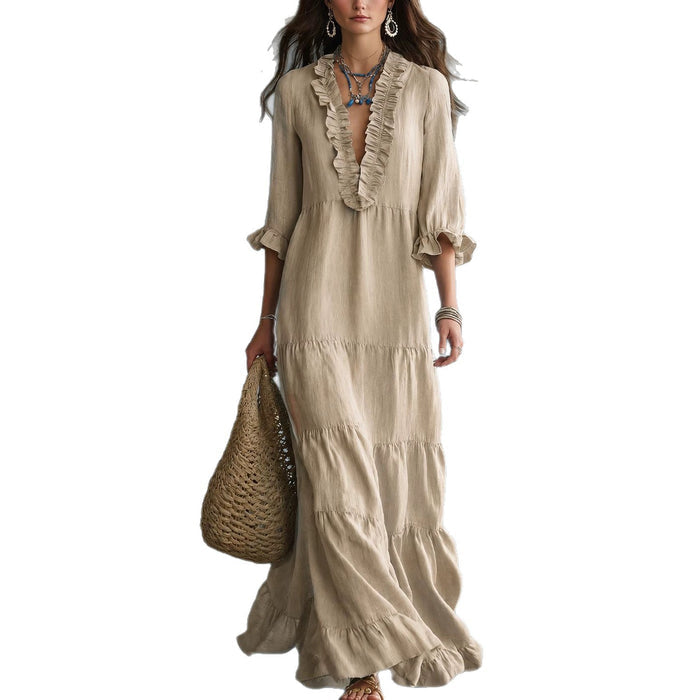 Womens V-neck Layered Casual Flowing Maxi Dress With Ruffled Hem – Premium 0 | RICALOUX