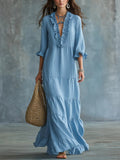 Womens V-neck Layered Casual Flowing Maxi Dress With Ruffled Hem – Premium 0 | RICALOUX