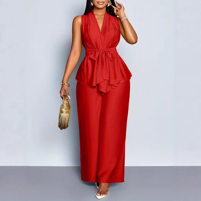 Womens V-neck Sleeveless Asymmetrical Top And Wide-leg Pants Set by Ricaloux
