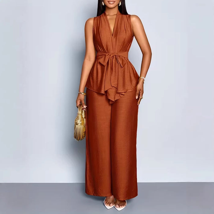 Womens V-neck Sleeveless Asymmetrical Top And Wide-leg Pants Set by Ricaloux