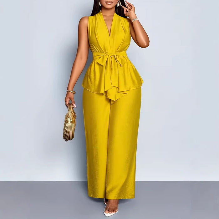 Womens V-neck Sleeveless Asymmetrical Top And Wide-leg Pants Set by Ricaloux