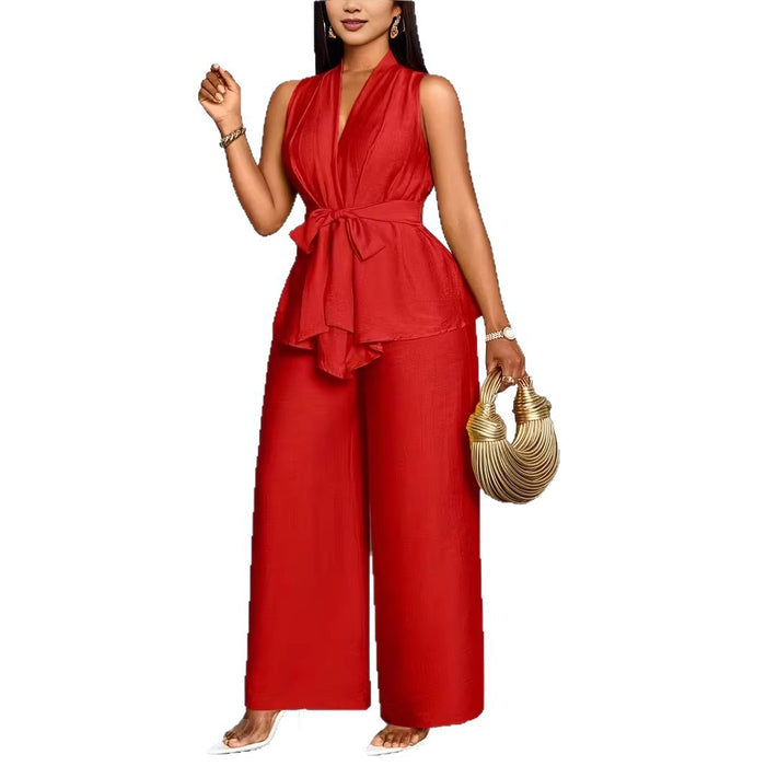 Womens V-neck Sleeveless Asymmetrical Top And Wide-leg Pants Set by Ricaloux