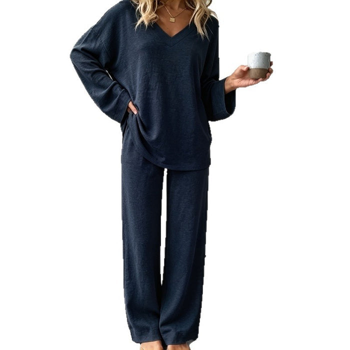 Womens V-neck Two-piece Set With Long Sleeves And Loose-fit Pants – Premium 0 | RICALOUX