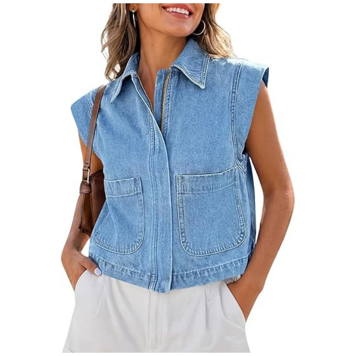 Womens Zippered Denim Vest Summer Sleeveless Waistcoat by Ricaloux