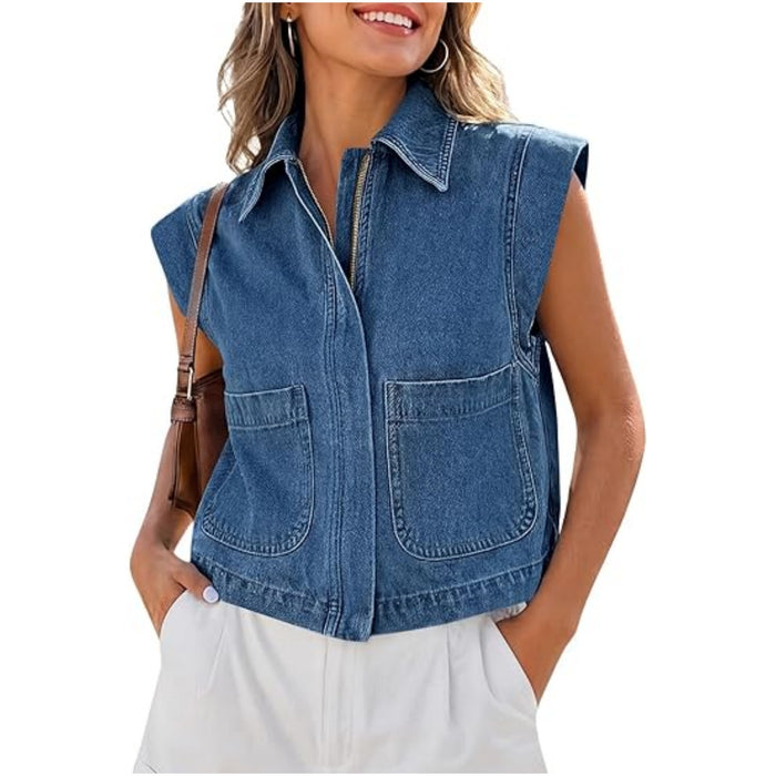 Womens Zippered Denim Vest Summer Sleeveless Waistcoat – Premium 0 | RICALOUX