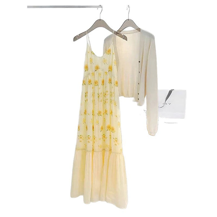 Yellow Floral-print Dress Strap-style Mood-setting Skirt – Premium 0 | RICALOUX