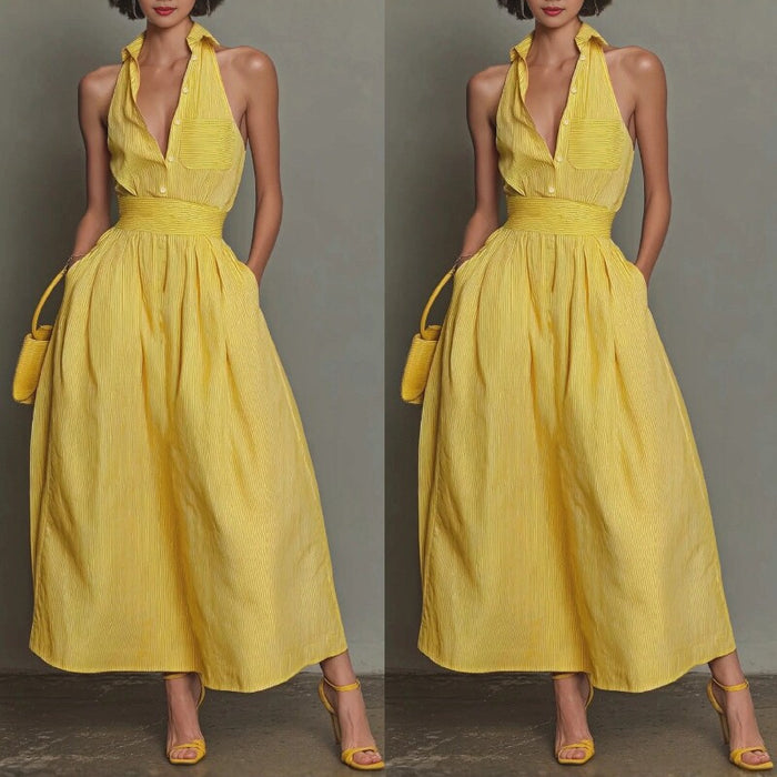 Yellow-striped V-neck, Waist-cinched, Sleeveless Dress That The by Ricaloux