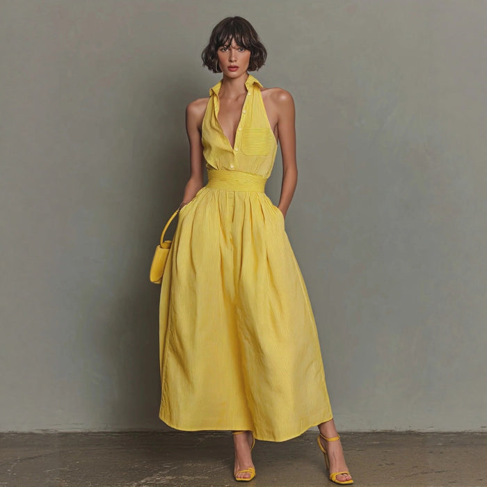 Yellow-striped V-neck, Waist-cinched, Sleeveless Dress That The by Ricaloux