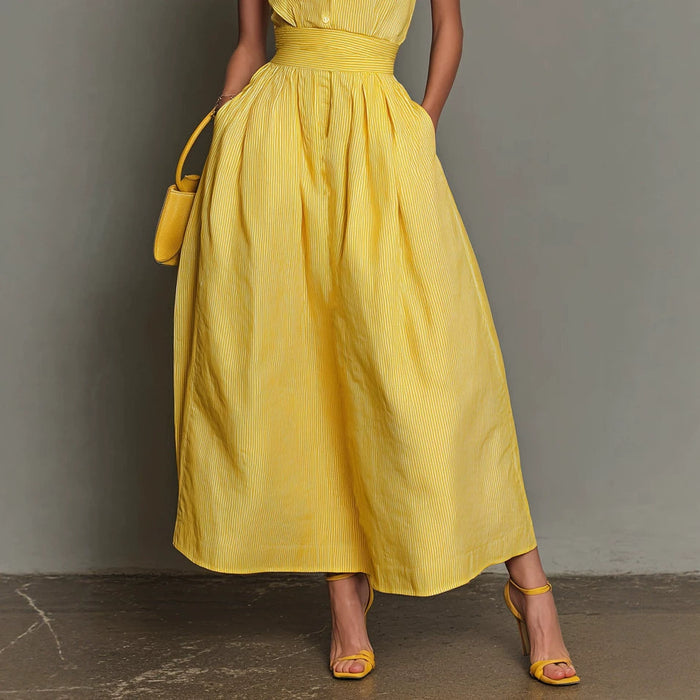 Yellow-striped V-neck, Waist-cinched, Sleeveless Dress That The by Ricaloux