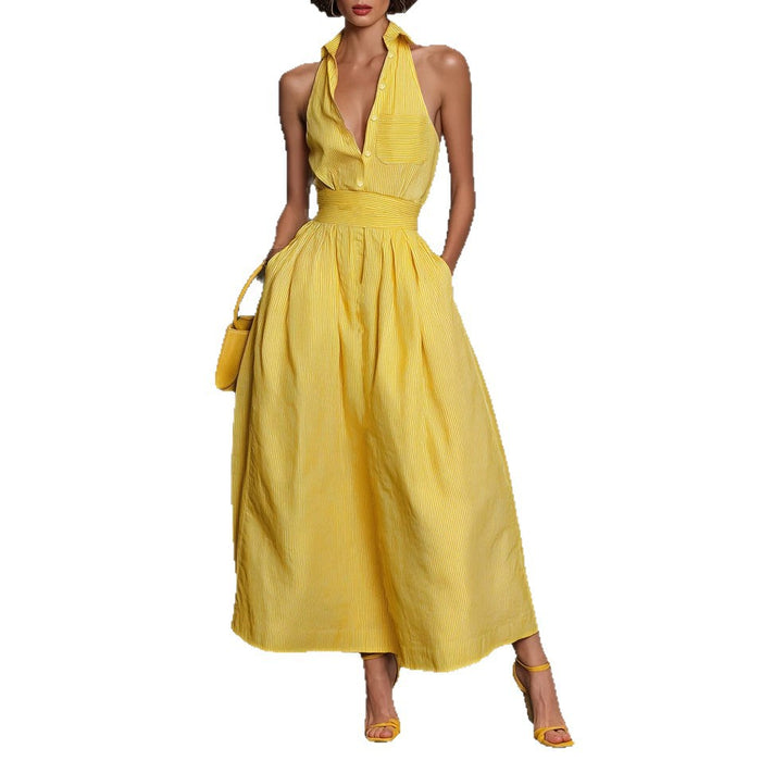 Yellow-striped V-neck, Waist-cinched, Sleeveless Dress That The – Premium 0 | RICALOUX