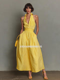Yellow-striped V-neck, Waist-cinched, Sleeveless Dress That The – Premium 0 | RICALOUX