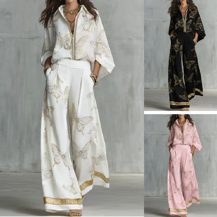 Zip-front Shirt And Wide-leg Pants Stylish Casual Two-piece Set by Ricaloux