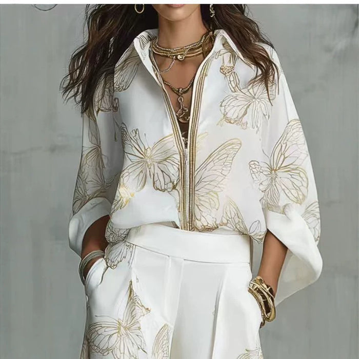 Zip-front Shirt And Wide-leg Pants Stylish Casual Two-piece Set by Ricaloux