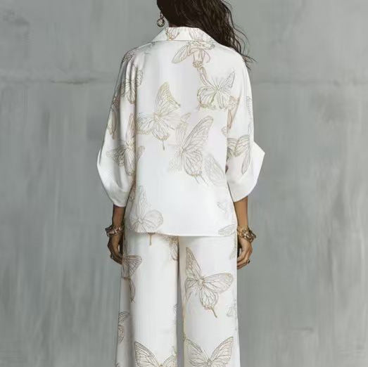 Zip-front Shirt And Wide-leg Pants Stylish Casual Two-piece Set by Ricaloux