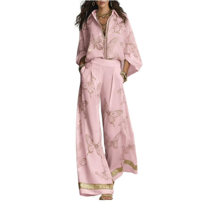 Zip-front Shirt And Wide-leg Pants Stylish Casual Two-piece Set by Ricaloux