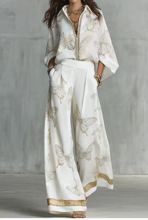 Zip-front Shirt And Wide-leg Pants Stylish Casual Two-piece Set – Premium 0 | RICALOUX